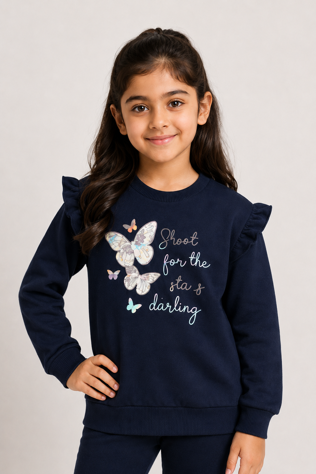 Navy Blue Butterflies Print Fleece Fabric Sweatshirt