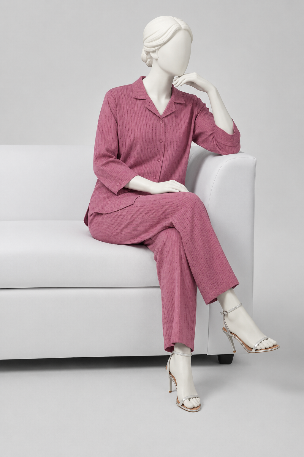 Pink Co-ord Ribbed Fabric Suit For Women