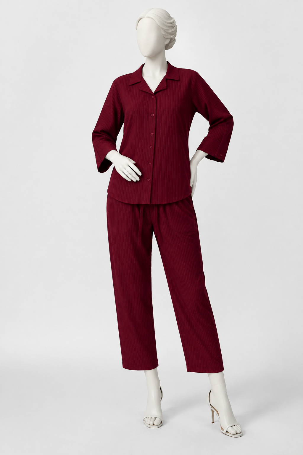 Maroon Co-ord Ribbed Fabric Suit For Women Secondary image