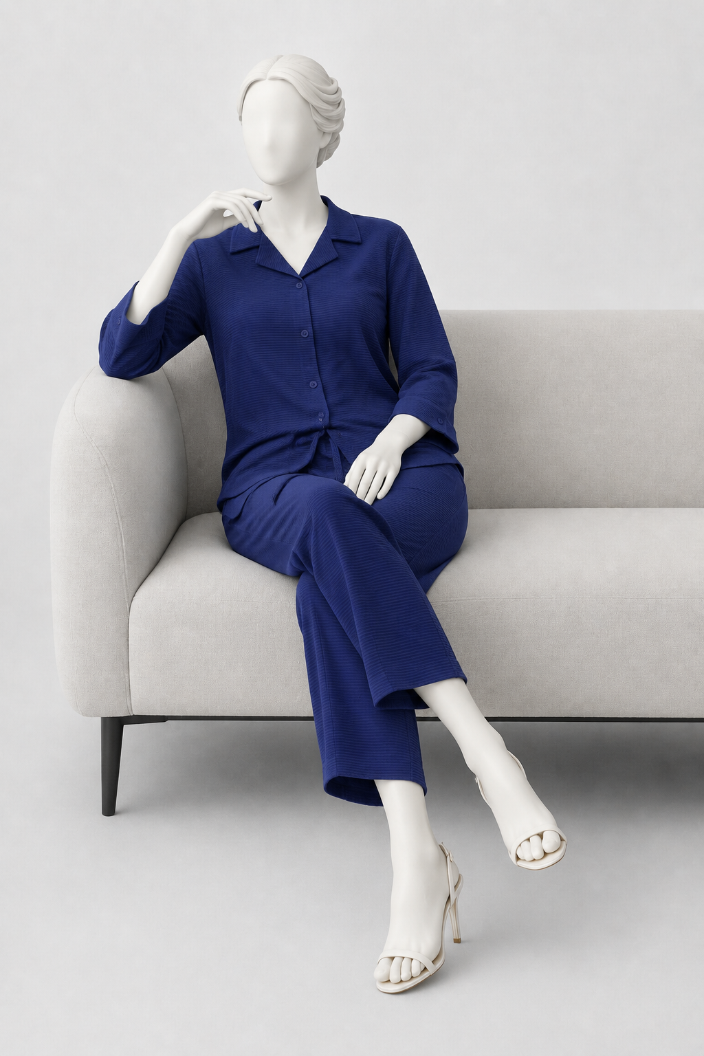 Royal Blue Co-ord Ribbed Fabric Suit For Women Secondary image
