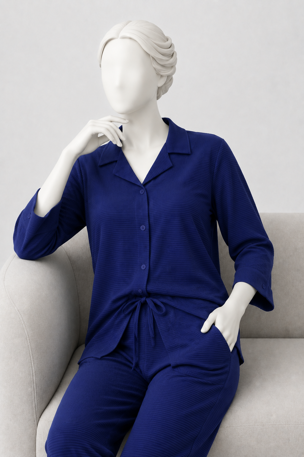 Royal Blue Co-ord Ribbed Fabric Suit For Women