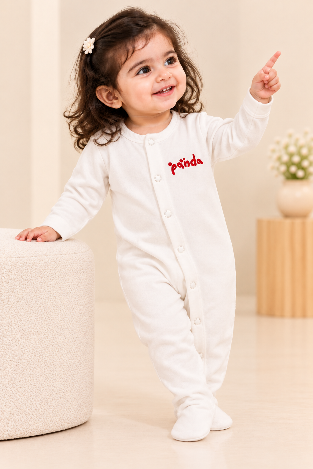 WHITE Little Cuddles Panda Footed Unisex Romper.