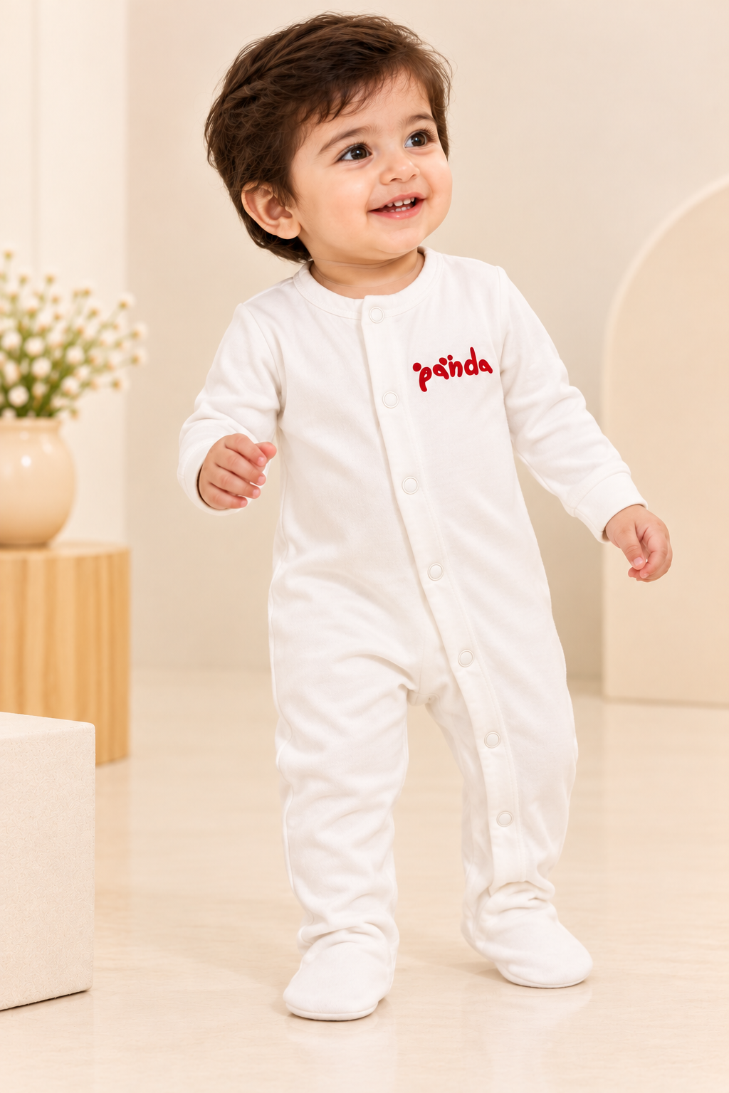 WHITE Little Cuddles Panda Footed Unisex Romper.
