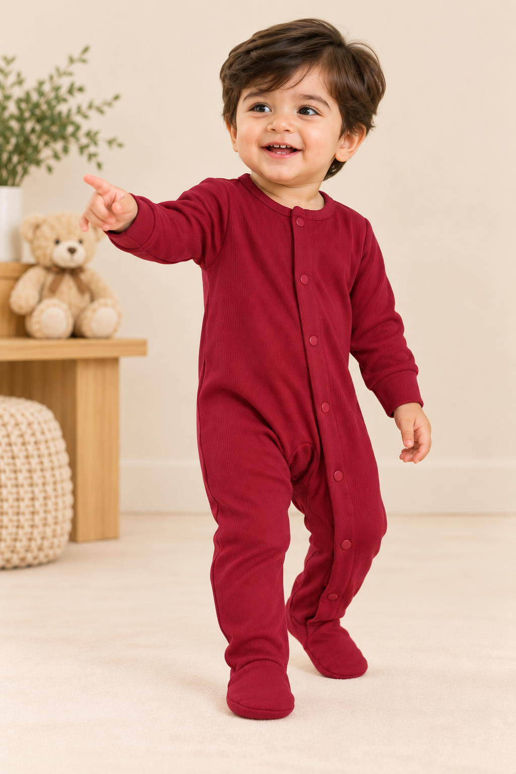 MAROON PANDA PRINT RIBBED FABRIC POWER STRETCH FULL BODY FULL SLEEVES ROMPER