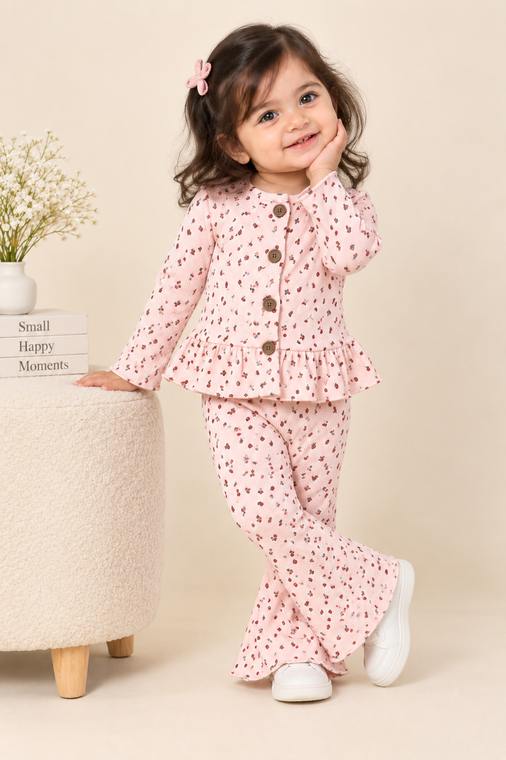 Pink Strawberry Print Frock With Trouser Suit For Girls