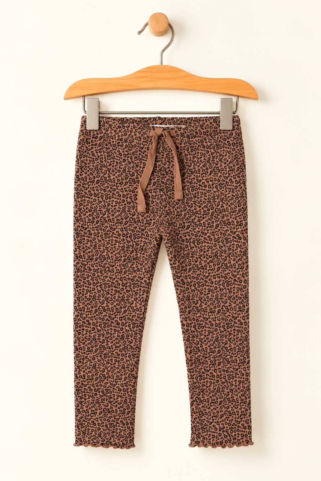 BROWN SMALL CHEETAH PRINTED WITH KNOT HEAVY RIBBED FABRIC PAJAMA