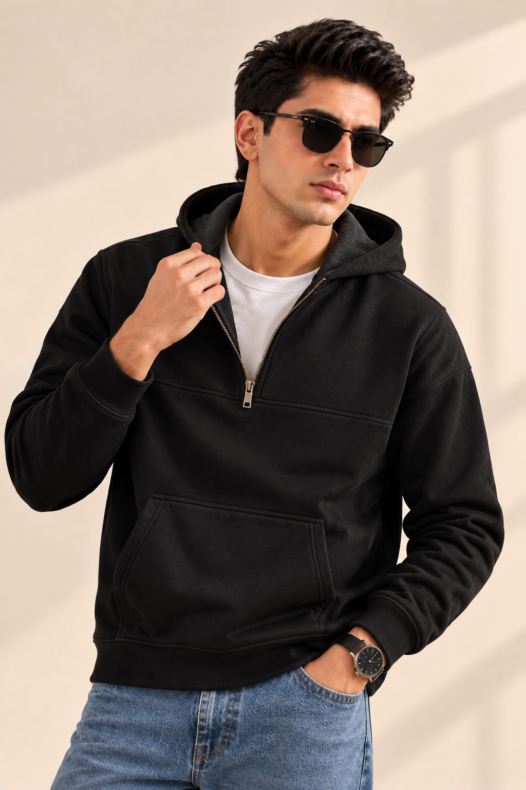 Black Half Zip Luxe Fleece Hoodie