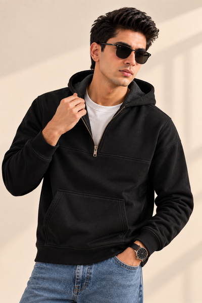 Black Half Zip Luxe Fleece Hoodie