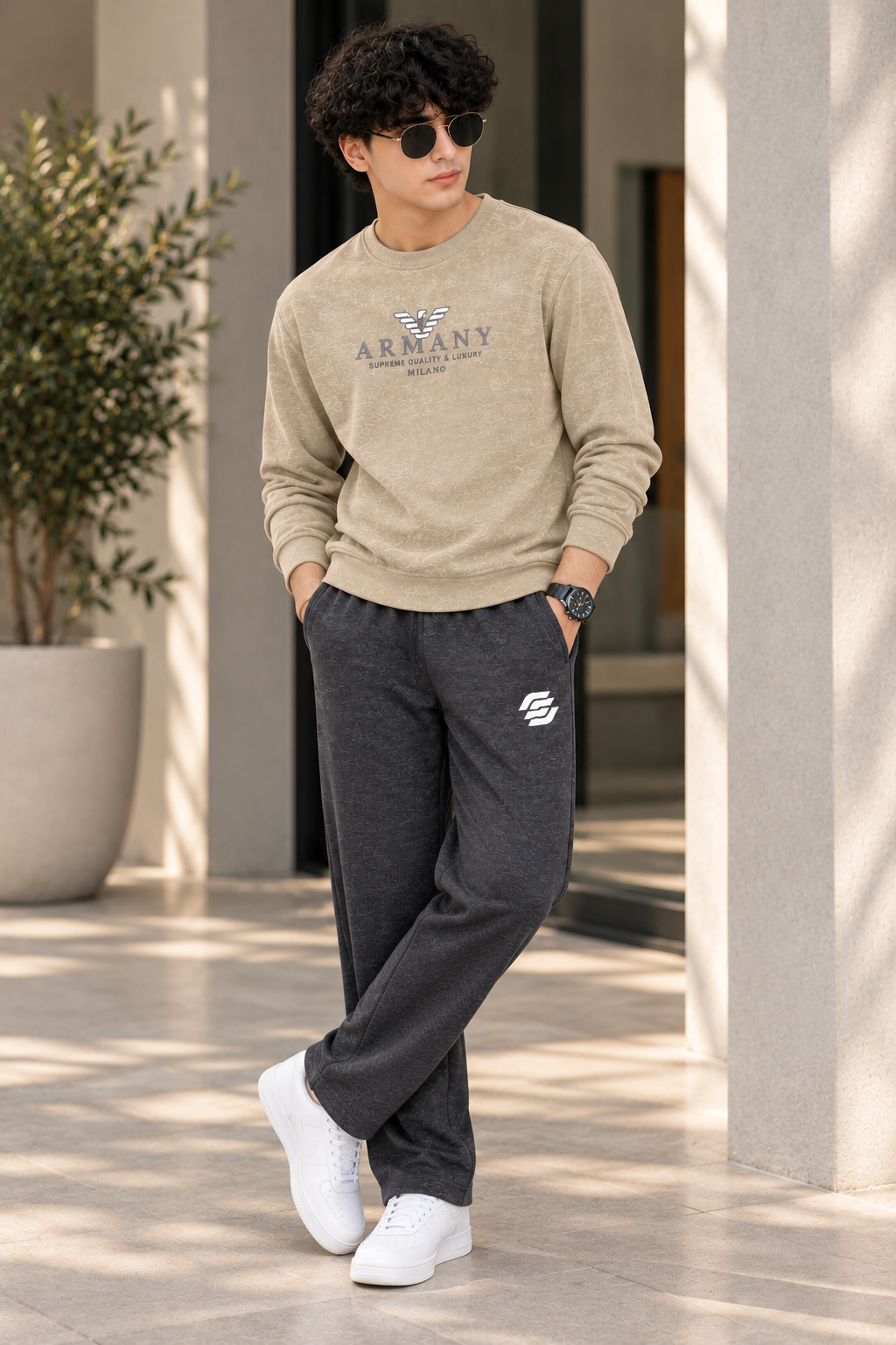 Cream Fashion Jackard Fleece Sweatshirt