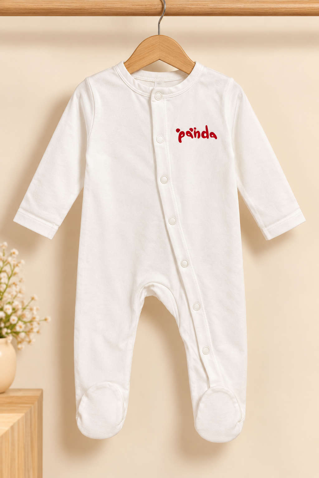 WHITE Little Cuddles Panda Footed Unisex Romper.