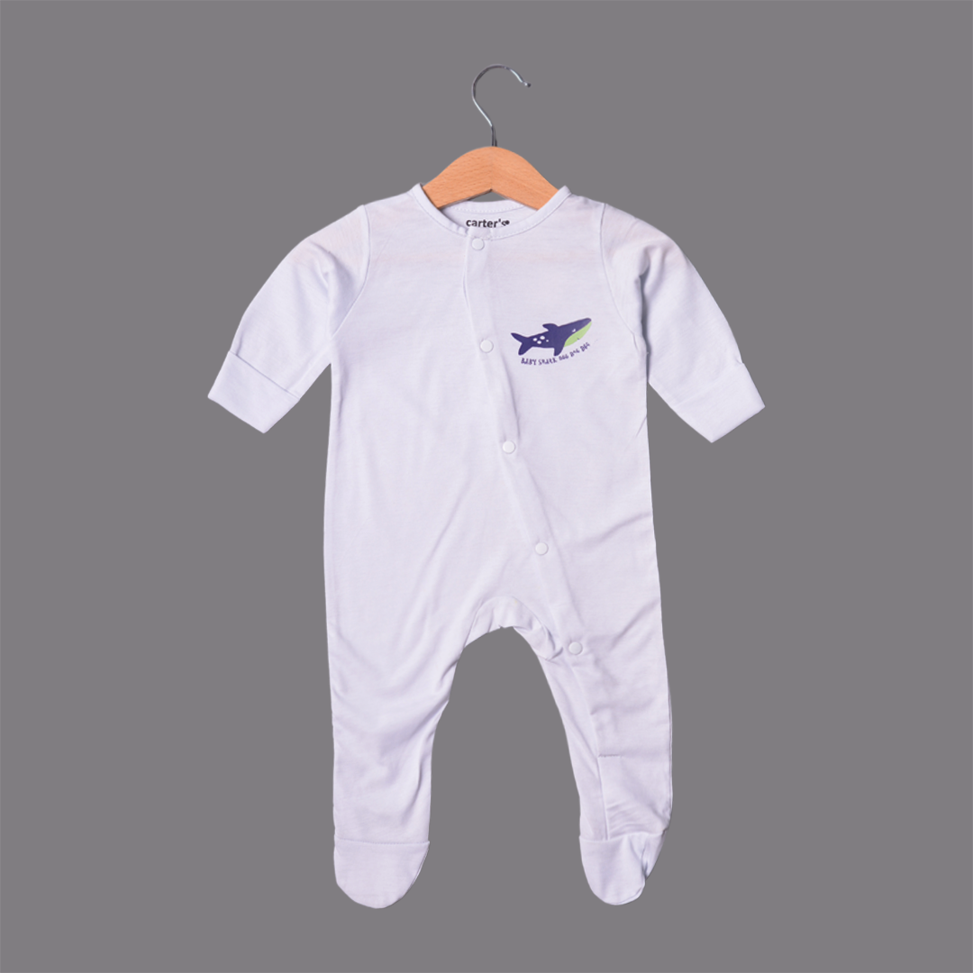 SKY BLUE "BABY SHARK DOO DOO" PRINT FULL BODY FULL SLEEVES ROMPERS
