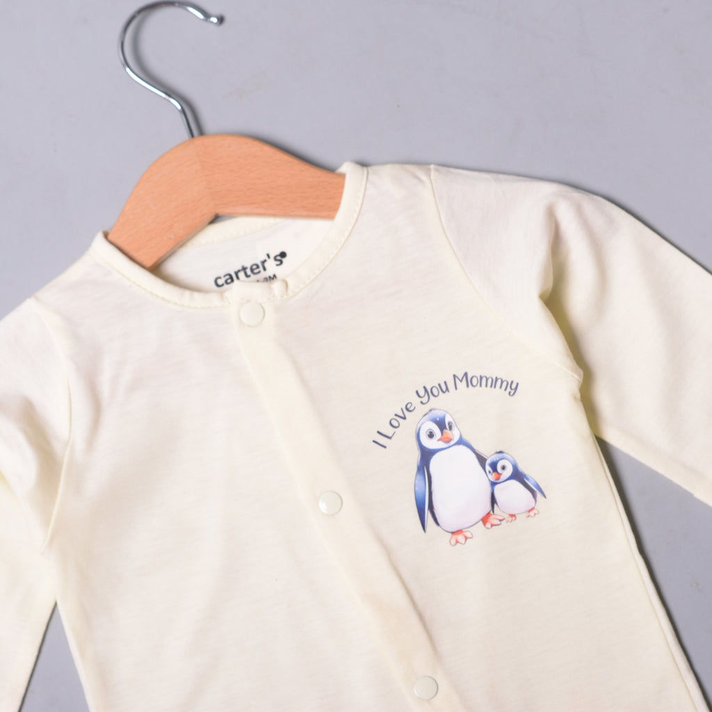YELLOW "PENGUIN I LOVE YOU MOMMY" PRINT FULL BODY FULL SLEEVES ROMPERS