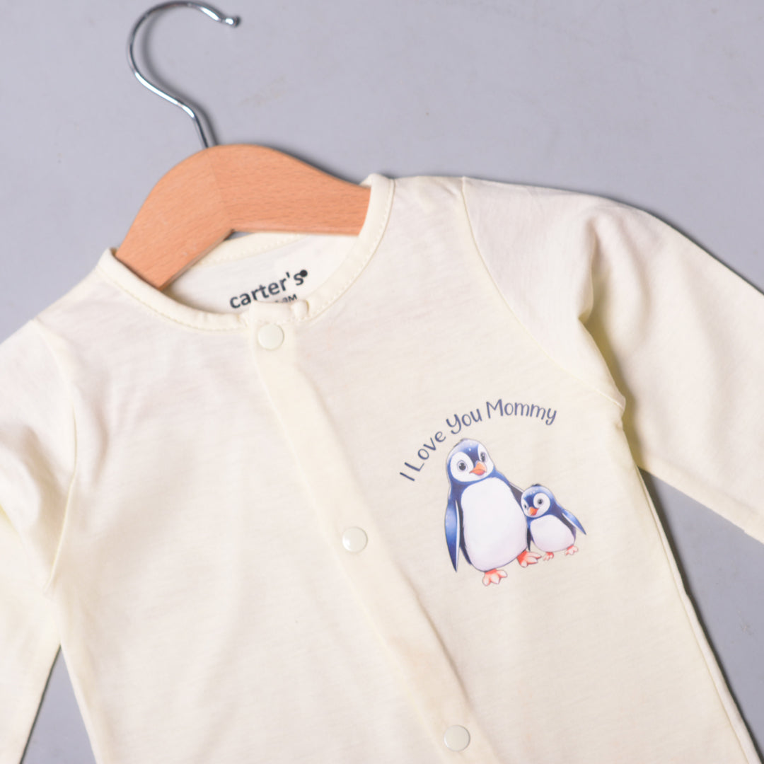 YELLOW "PENGUIN I LOVE YOU MOMMY" PRINT FULL BODY FULL SLEEVES ROMPERS