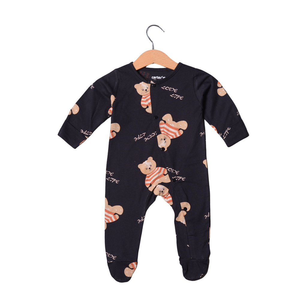 BLACK LOVE LIFE TEDDY PRINT FULL BODY FULL SLEEVES ROMPERS