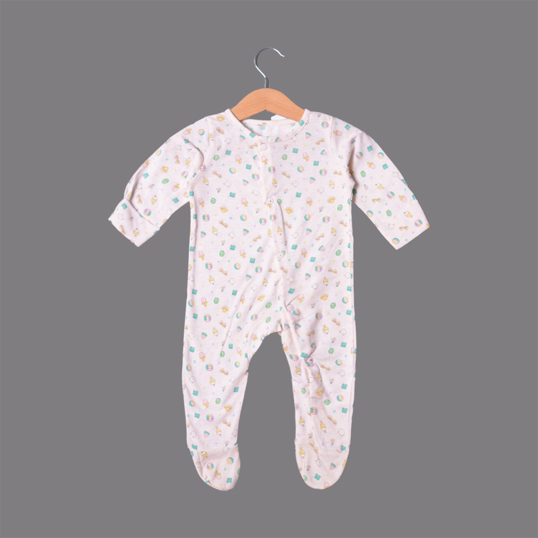 LIGHT PINK "THINGS" PRINT FULL BODY FULL SLEEVES ROMPERS