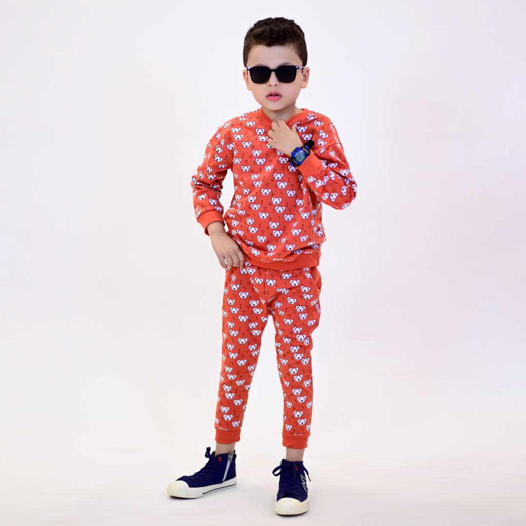 AMBER ORANGE "KOALA" PRINT TERRY FABRIC SUIT FOR WINTERS