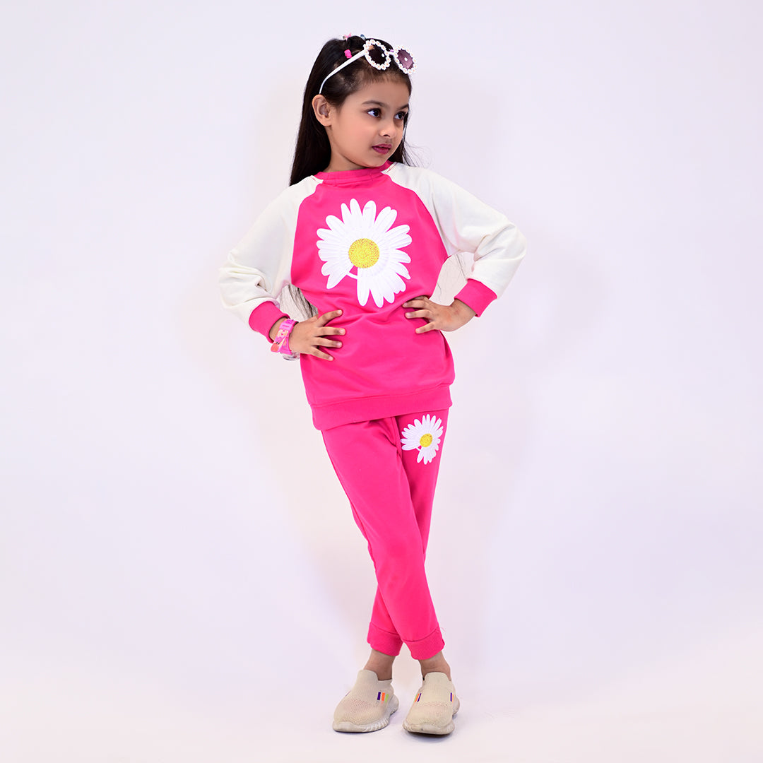 PINK & CREAM "SUNFLOWER SMELLS" PRINT TERRY FABRIC SUIT FOR WINTERS