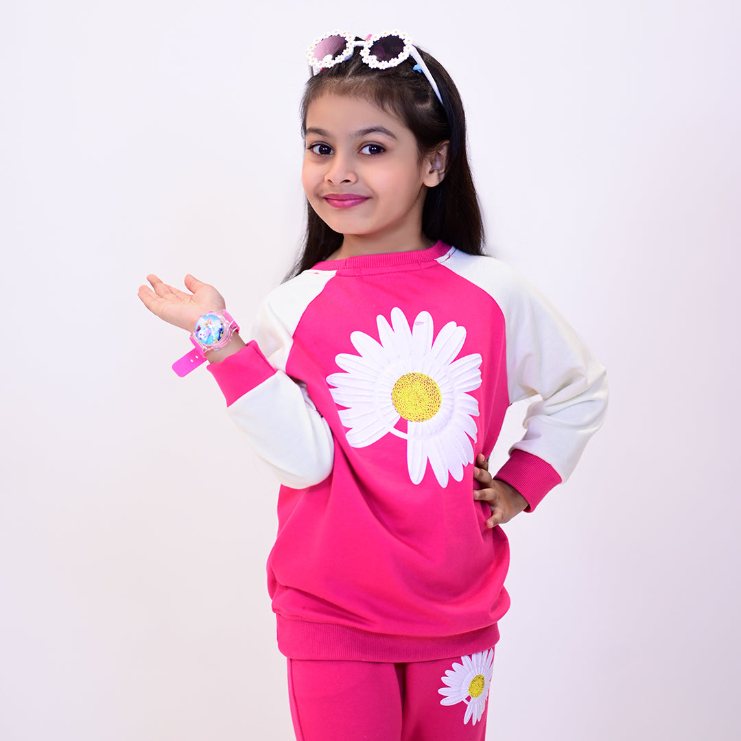 PINK & CREAM "SUNFLOWER SMELLS" PRINT TERRY FABRIC SUIT FOR WINTERS Main image