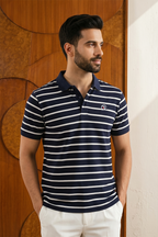 White With Navy Blue Stripes Polo For Men