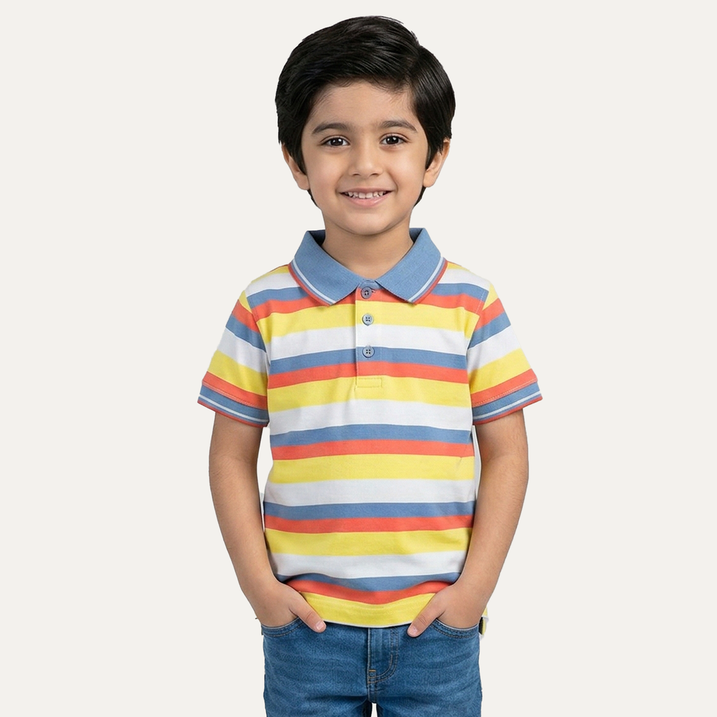 White Yellow Peach Stripes Polo For Boys