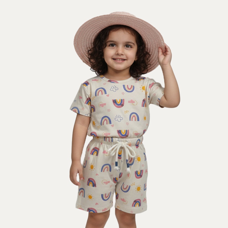 White Rainbow Print Cotton Jersy Fabric Suit For Girls Main image