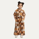 Brown Leafs Print Co-ord Linen Fabric Suit For Girls