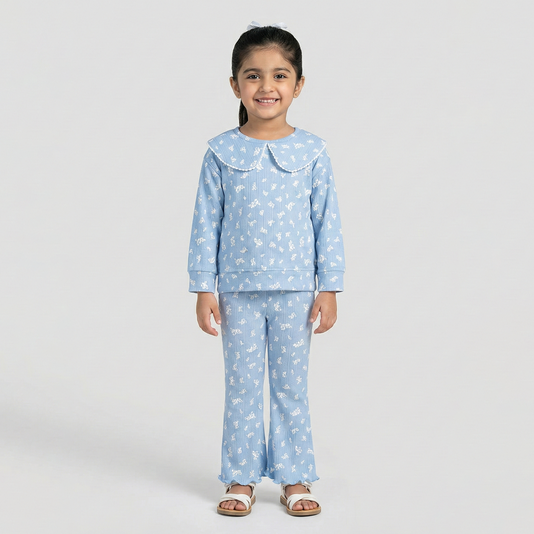 Blue Bow Print Shirt With Trouser Suit For Girls Main image