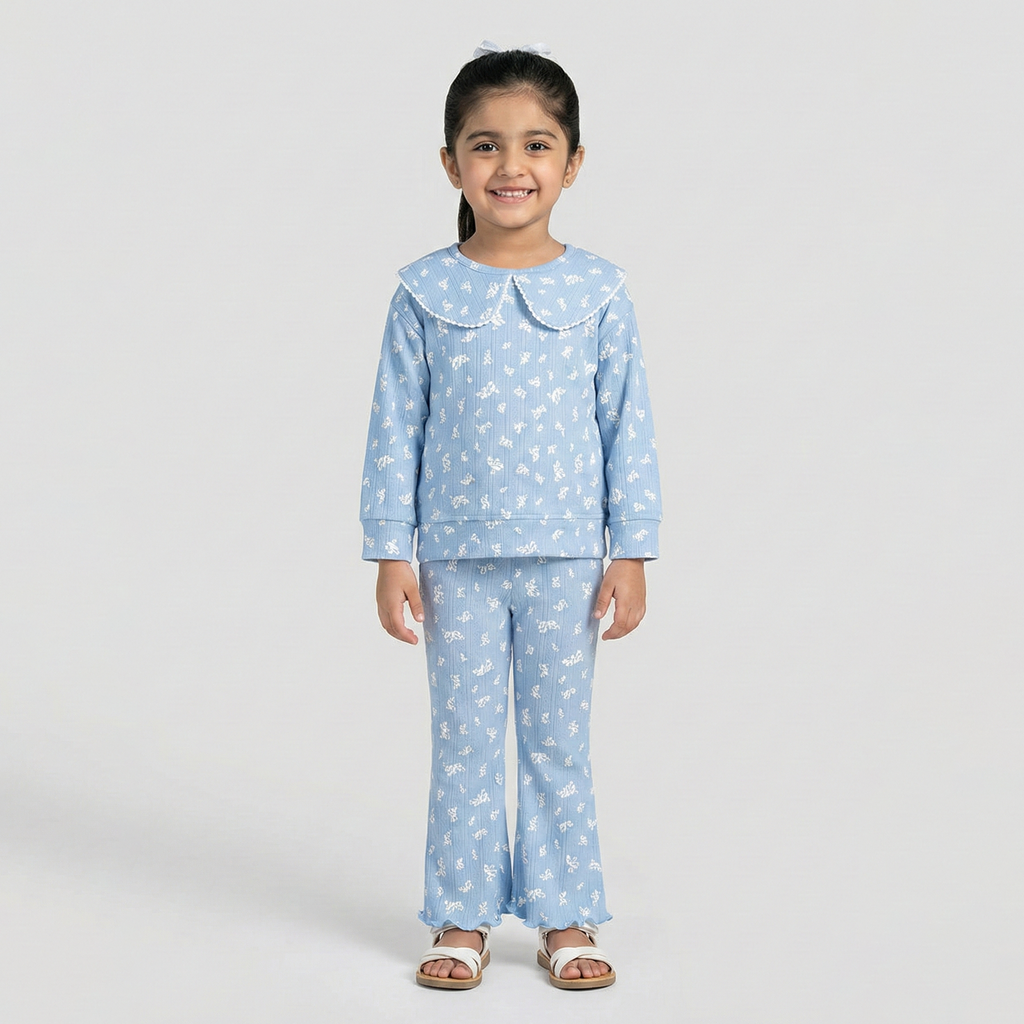 Blue Bow Print Shirt With Trouser Suit For Girls
