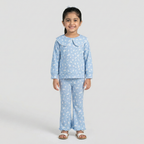Blue Bow Print Shirt With Trouser Suit For Girls