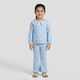 Blue Bow Print Shirt With Trouser Suit For Girls