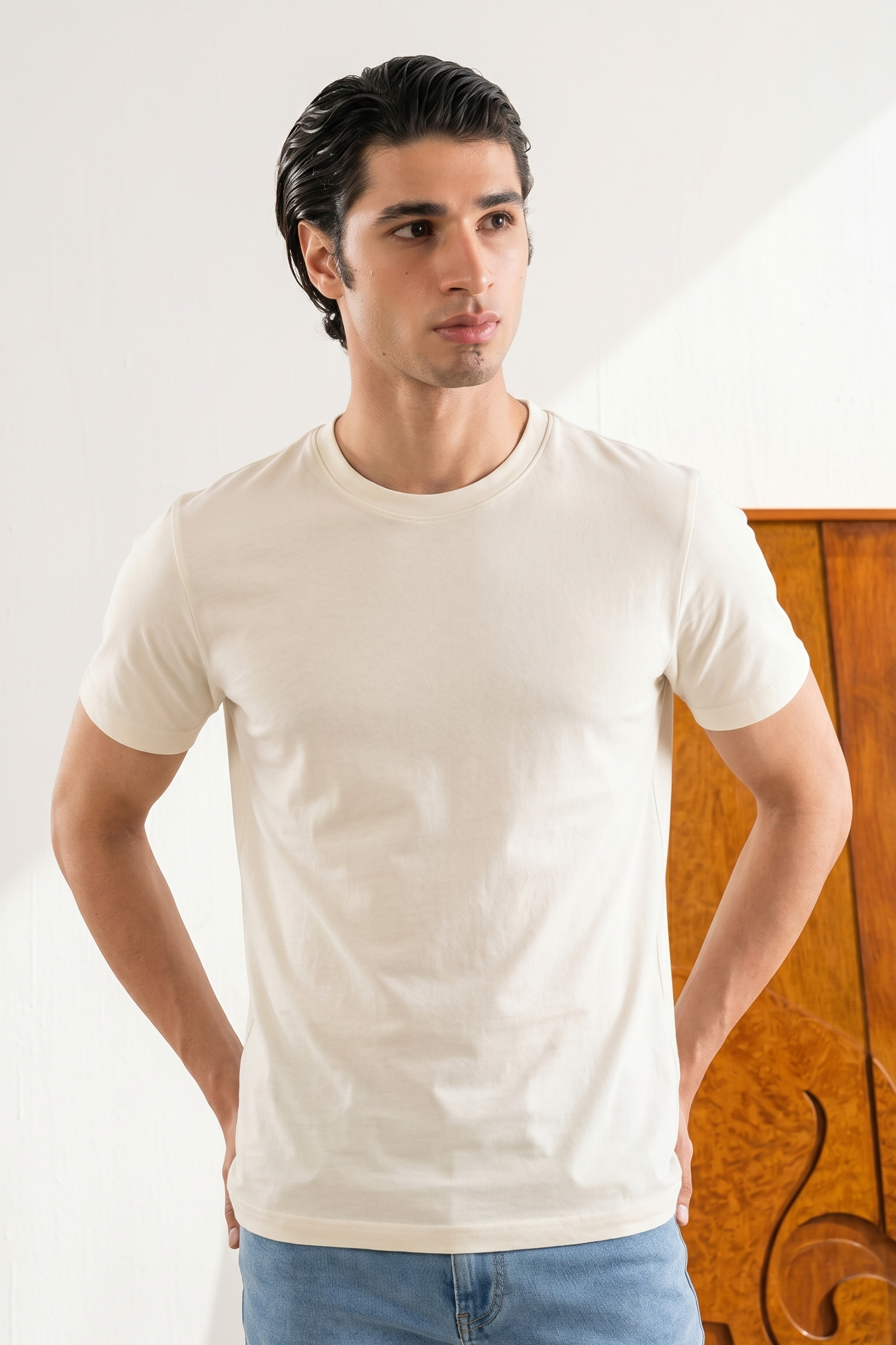 CREAM PLAIN T-SHIRT FOR MEN Main image