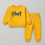 Mustard Hello Print Fleece Fabric Suit For Winters