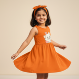 ORANGE WITH HAIR BAND KITTEN PRINT FROCK FOR GIRLS