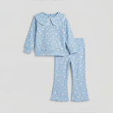 Blue Bow Print Shirt With Trouser Suit For Girls