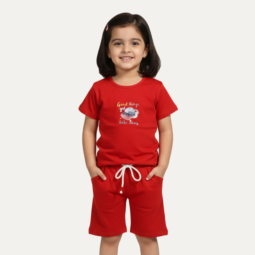 Dark Orange Cap Print Cotton Jersy Fabric Suit For Girls