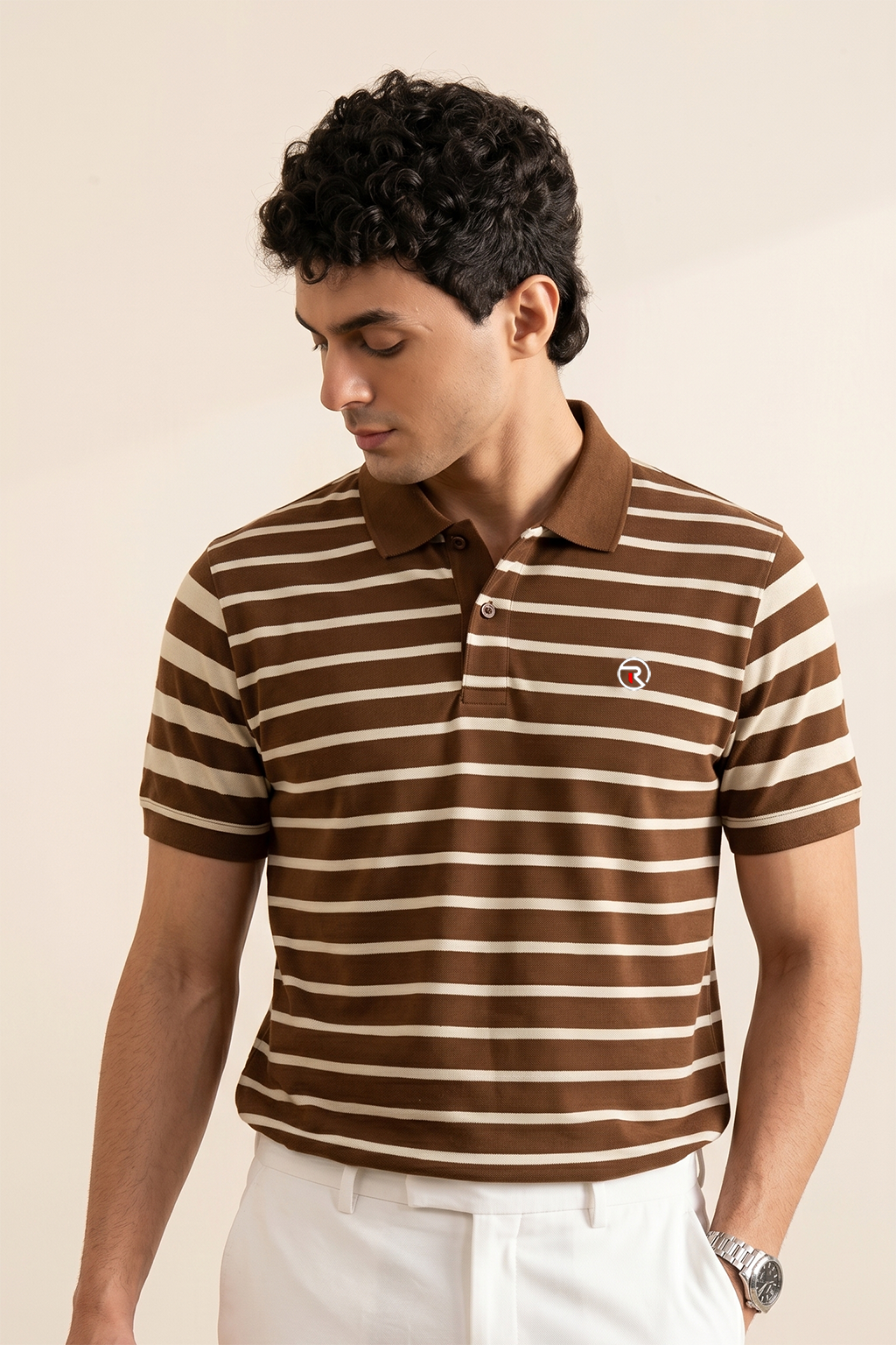 White With Brown Stripes Polo For Men