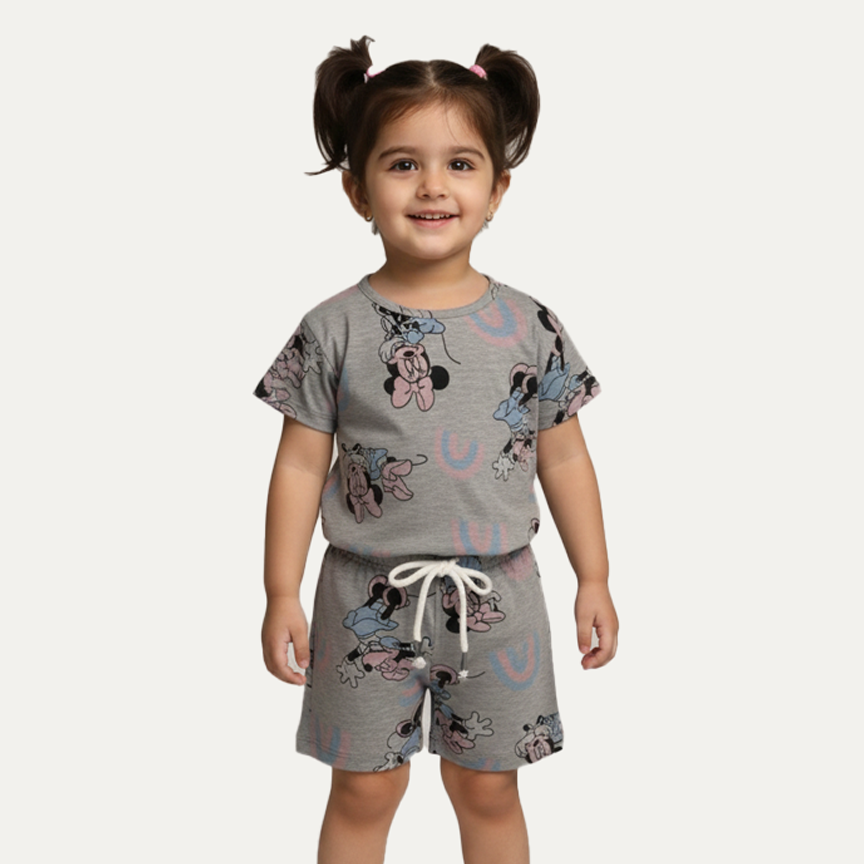 Grey Minnie Mouse Print Cotton Jersy Fabric Suit For Girls Main image