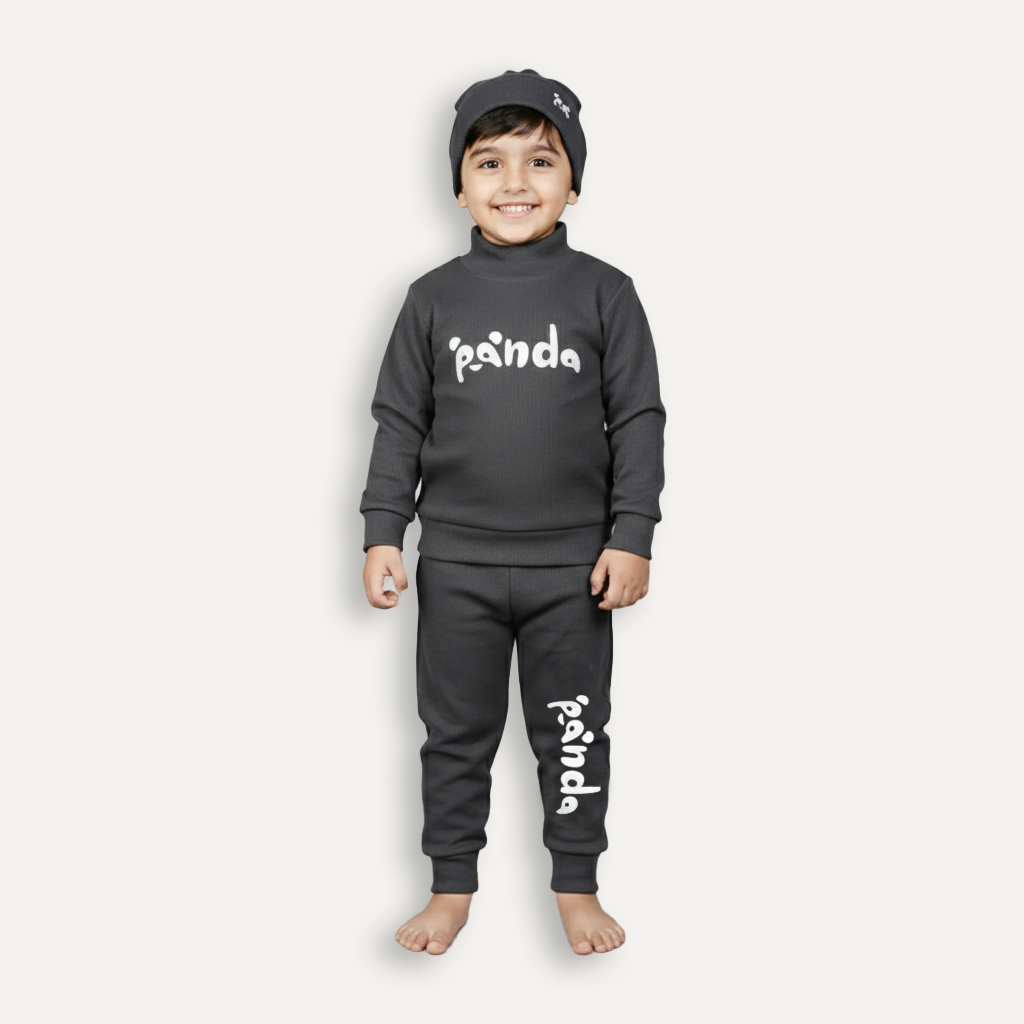 Charcoal Panda Print Ribbed Fabric Suit For Winters