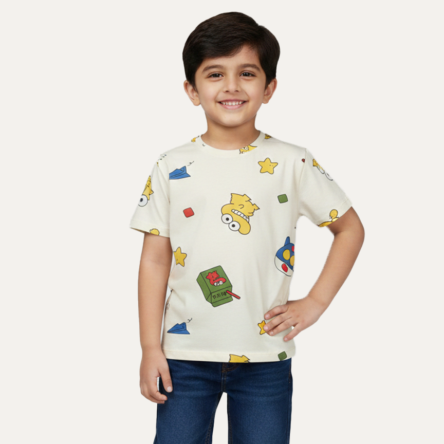 Yellow Cartoons Printed Half Sleeves T-Shirt For Boys Main image