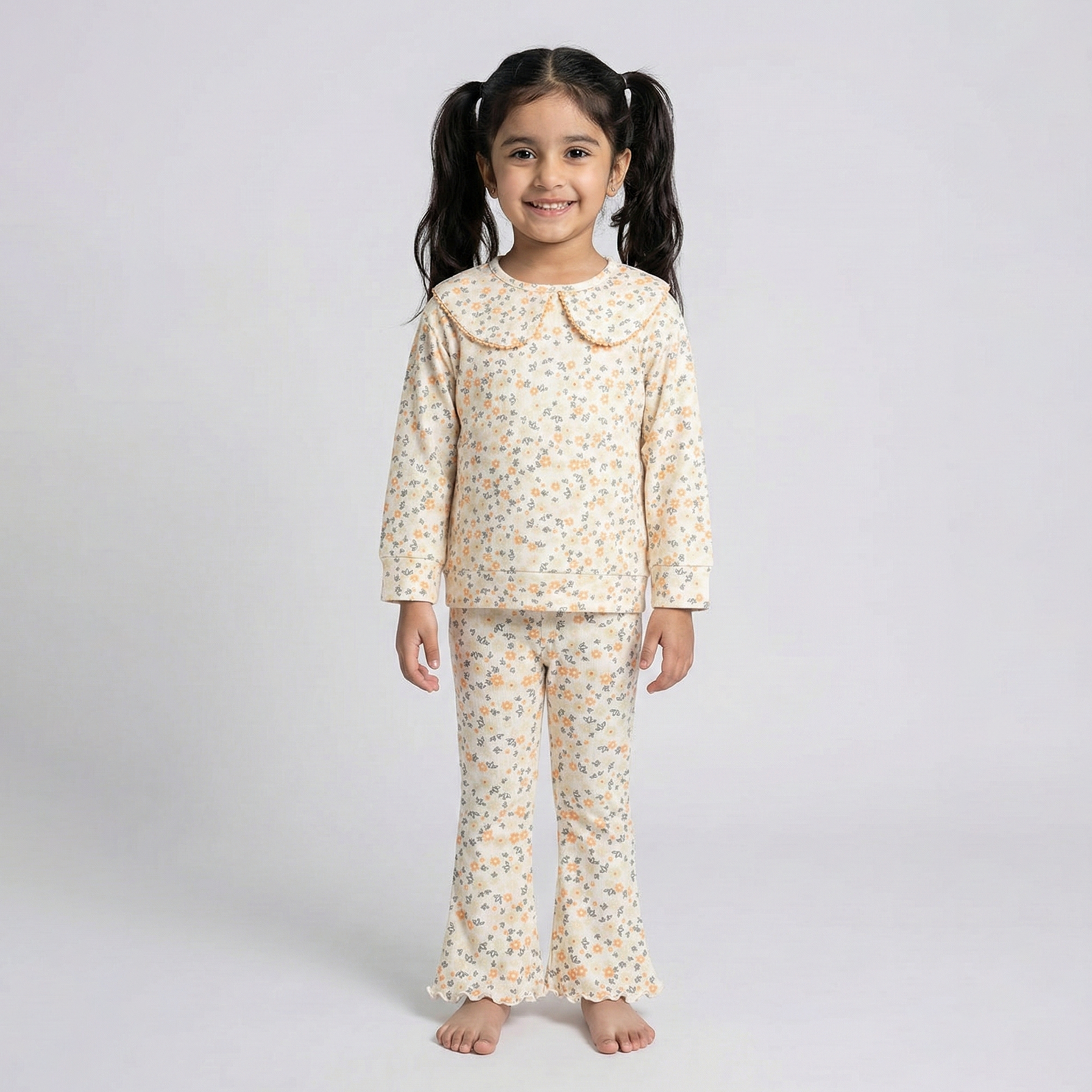 Cream Flower Print Shirt With Trouser Suit For Girls Main image