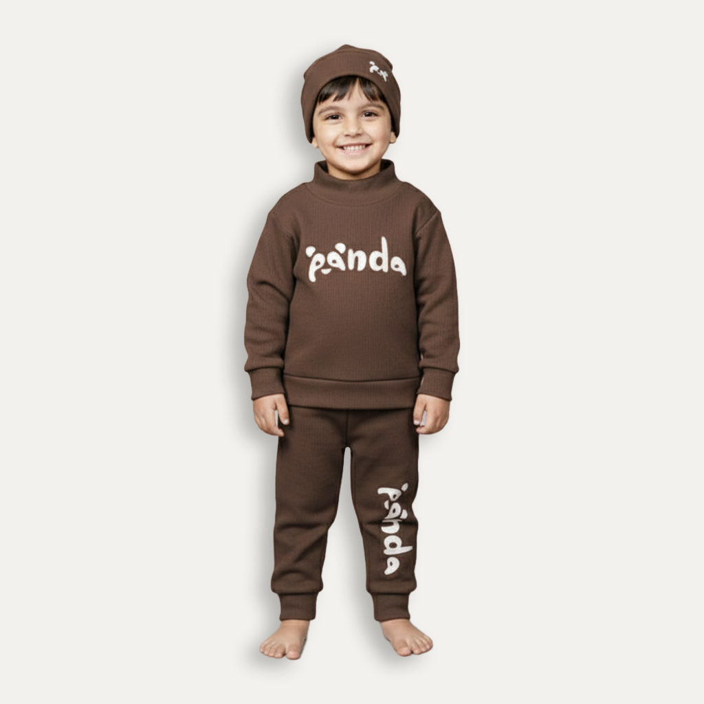 Dark Brown Panda Print Ribbed Fabric Suit For Winters Main image