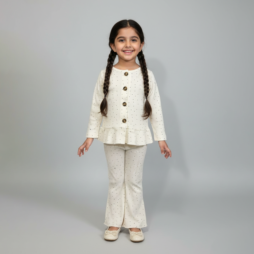 White Polka Dots Frock With Trouser Suit For Girls Main image