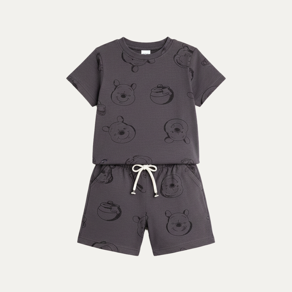 Grey Pooh Print Cotton Jersy Suit For Boys