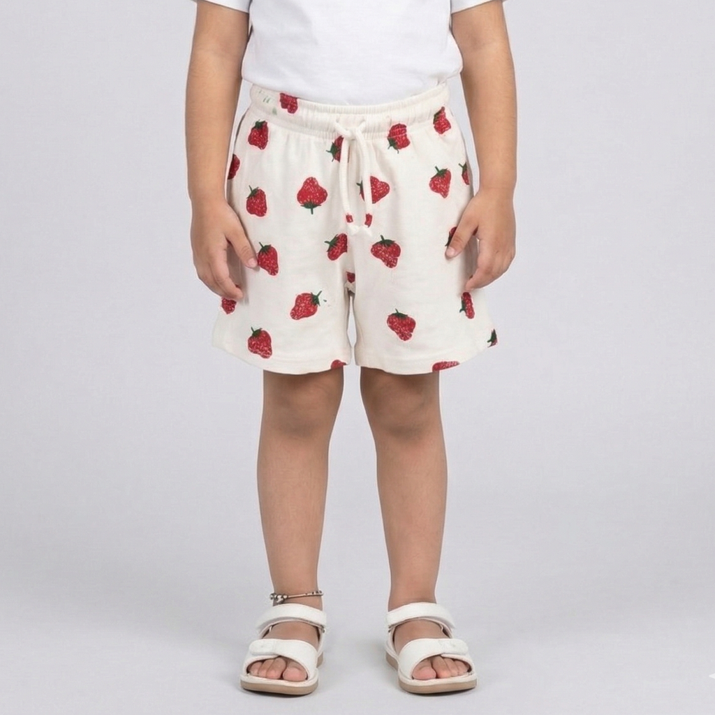 Cream Strawberry Print Shorts For Girls