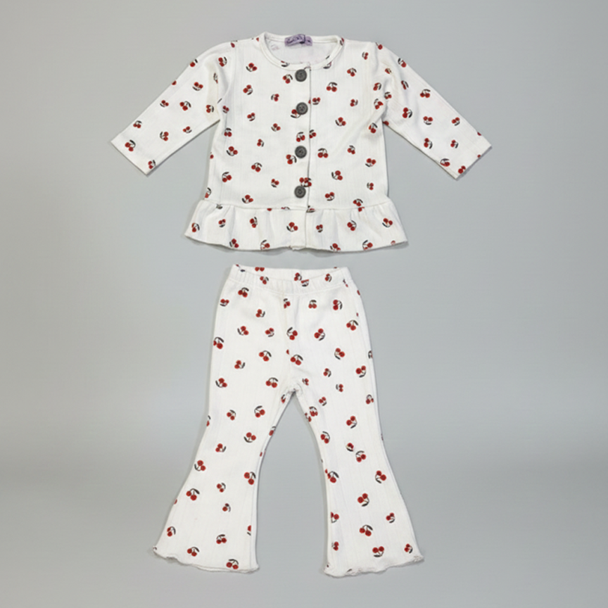 White Cherry Print Frock With Trouser Suit For Girls