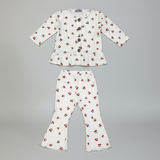 White Cherry Print Frock With Trouser Suit For Girls