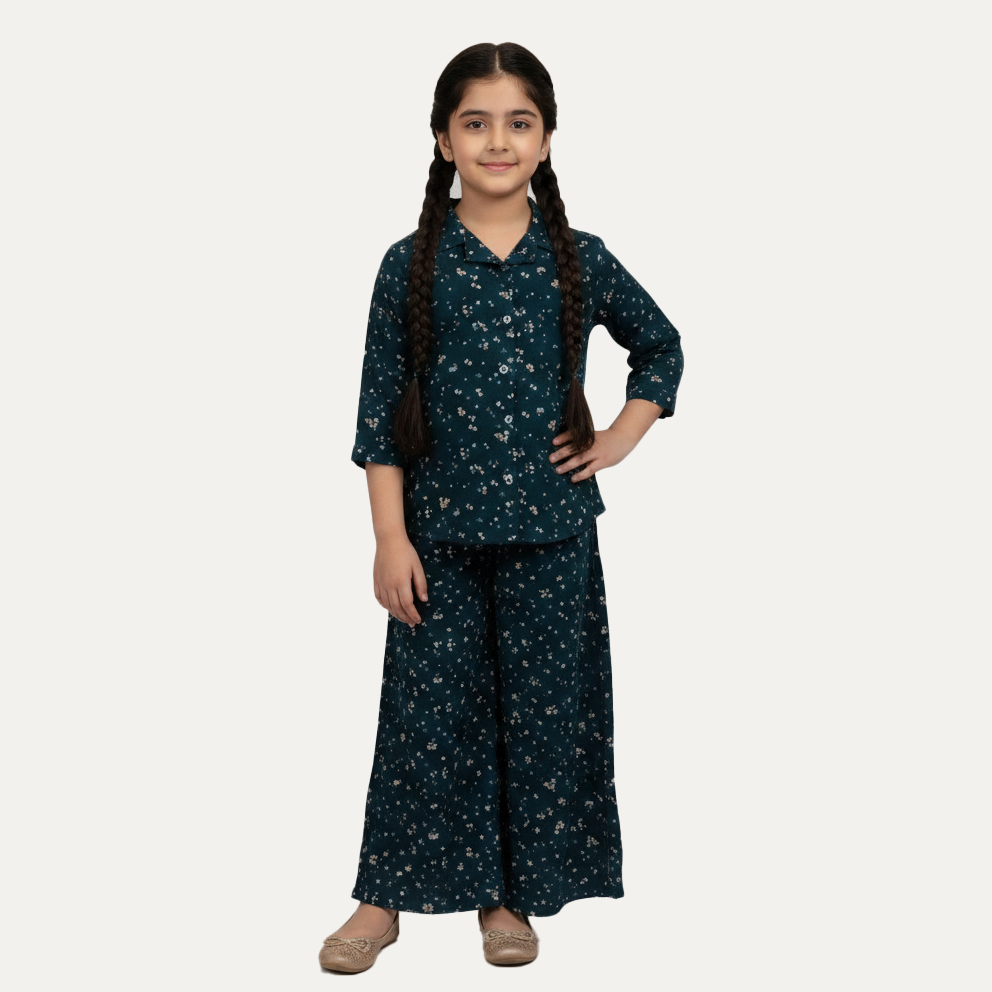 Teal Blue Flowers Print Co-ord Ribbed Fabric Suit For Girls Main image