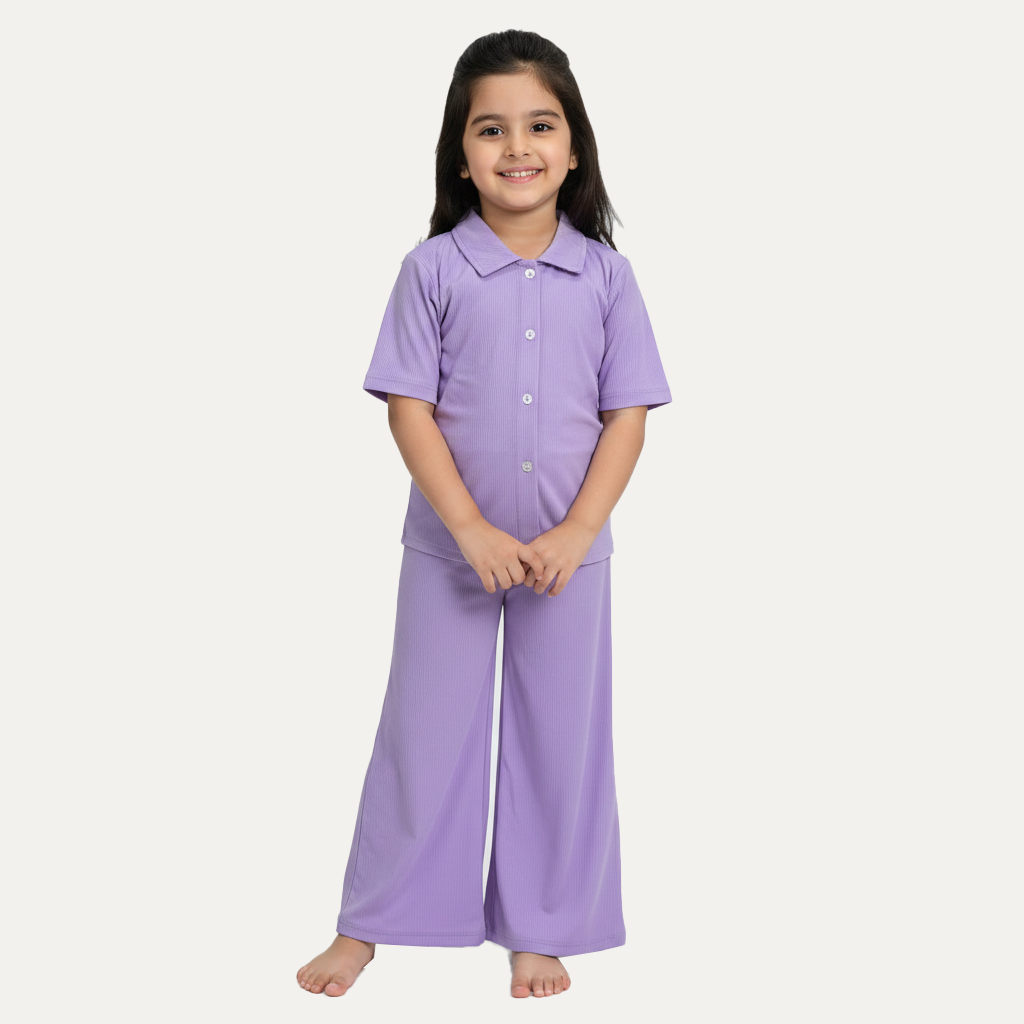 Light Purple Plain Ribbed Linen Fabric Suit For Girls