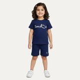 Navy Blue Smile Print Ribbed Linen Fabric Suit For Summers