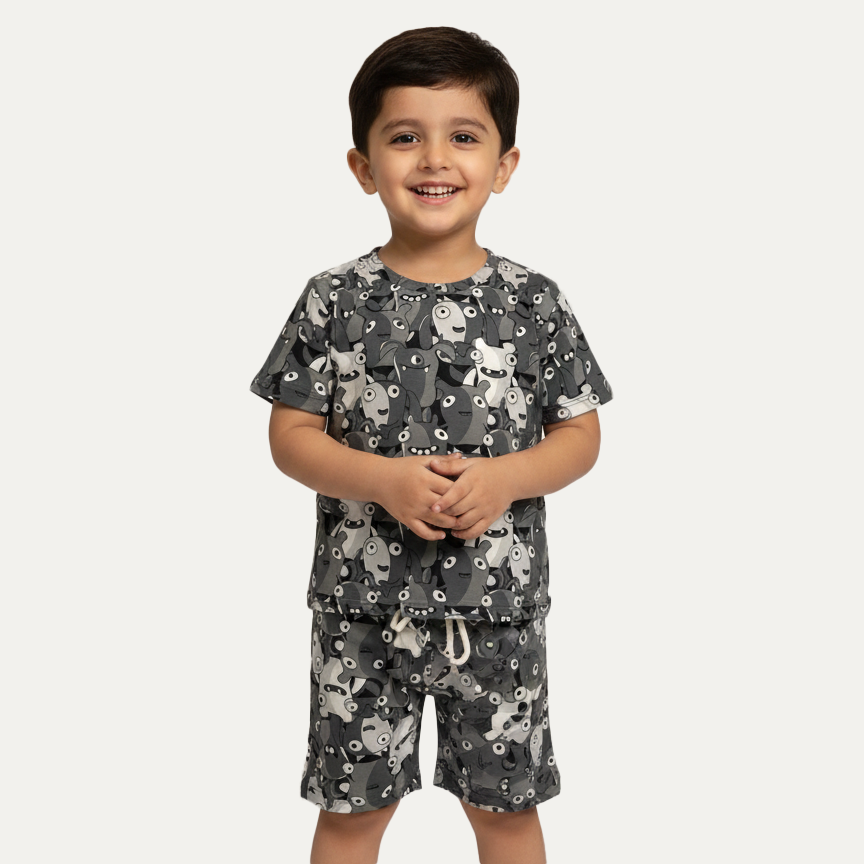 Grey Cartoon Print Cotton Jersy Suit For Boys